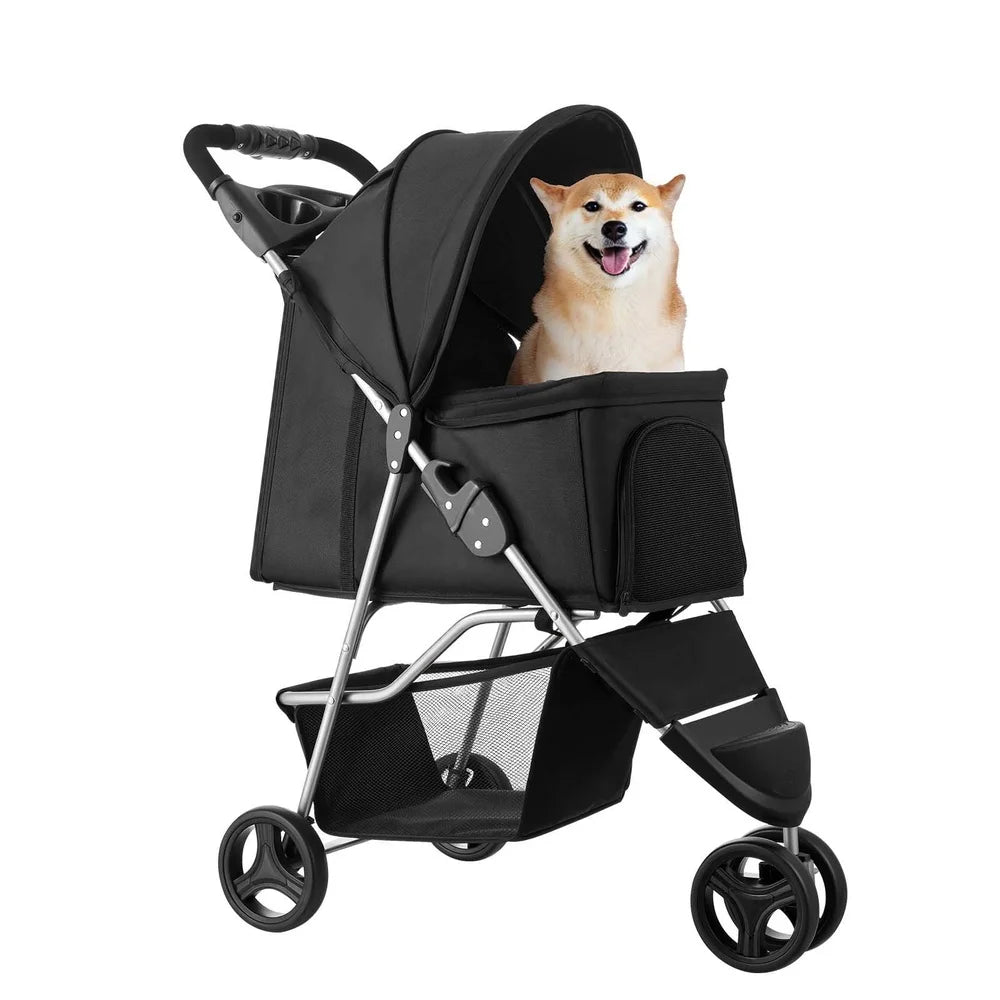 Collapsible Pet Stroller Dogs and Cats up to 35lbs Tri-Wheel Design with Ventilated Mesh Windows and Cup Holder