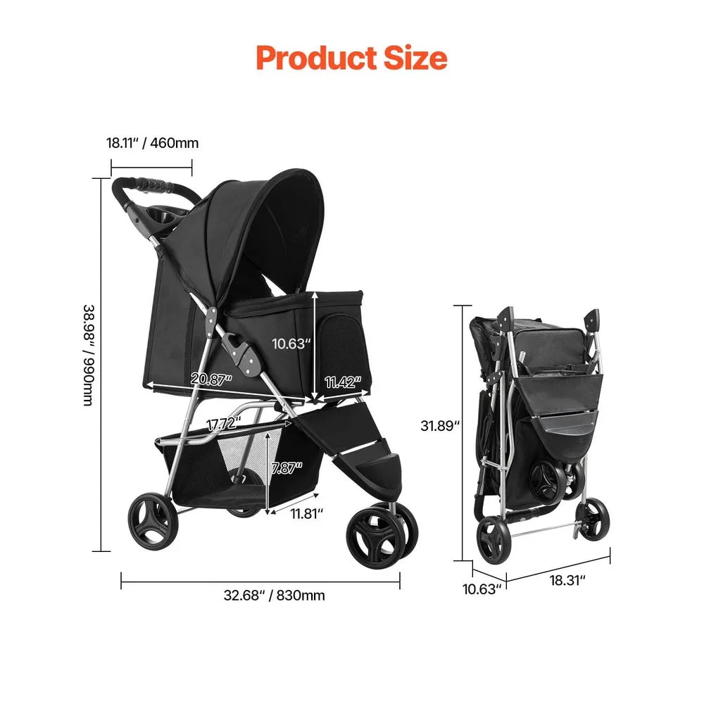 Collapsible Pet Stroller Dogs and Cats up to 35lbs Tri-Wheel Design with Ventilated Mesh Windows and Cup Holder