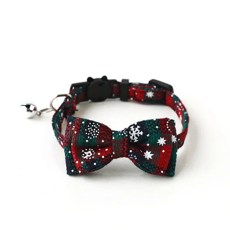 Christmas Bowknot Plaid Pet Collar With Festive Bell Breakaway Buckle