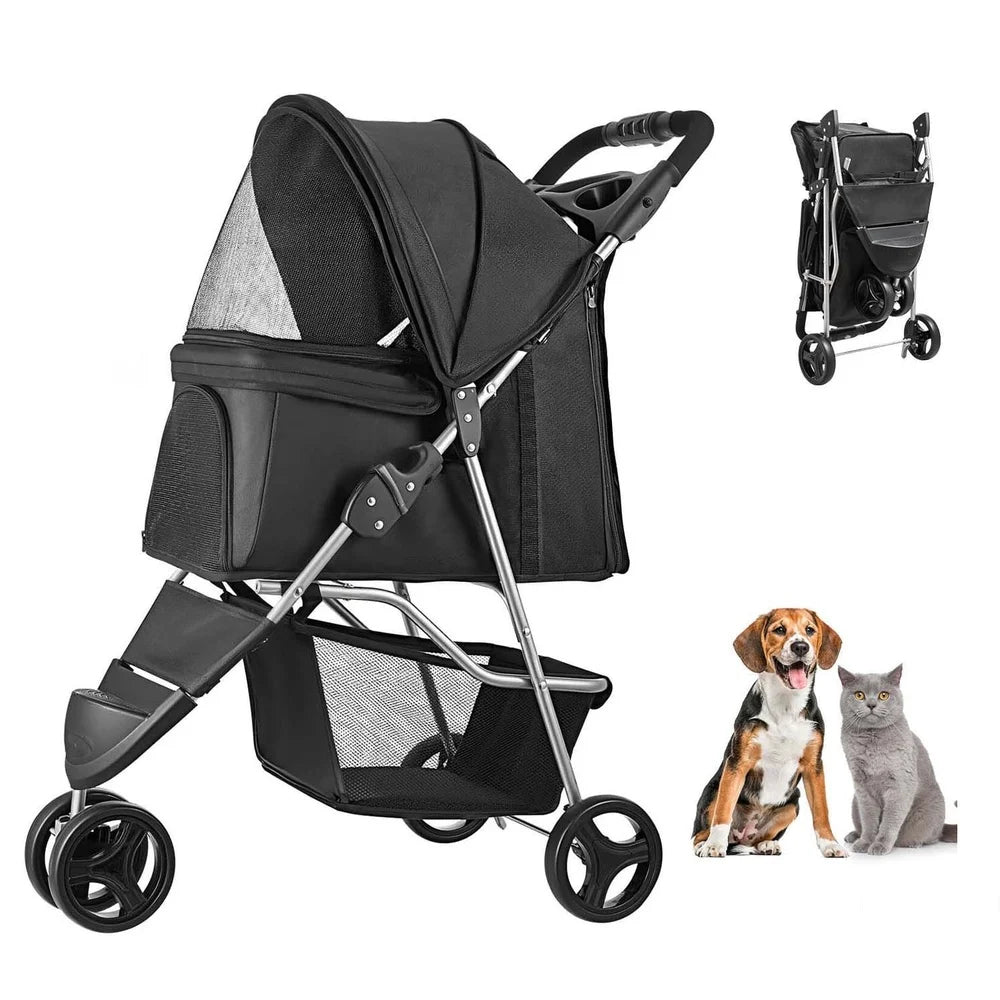 Collapsible Pet Stroller Dogs and Cats up to 35lbs Tri-Wheel Design with Ventilated Mesh Windows and Cup Holder
