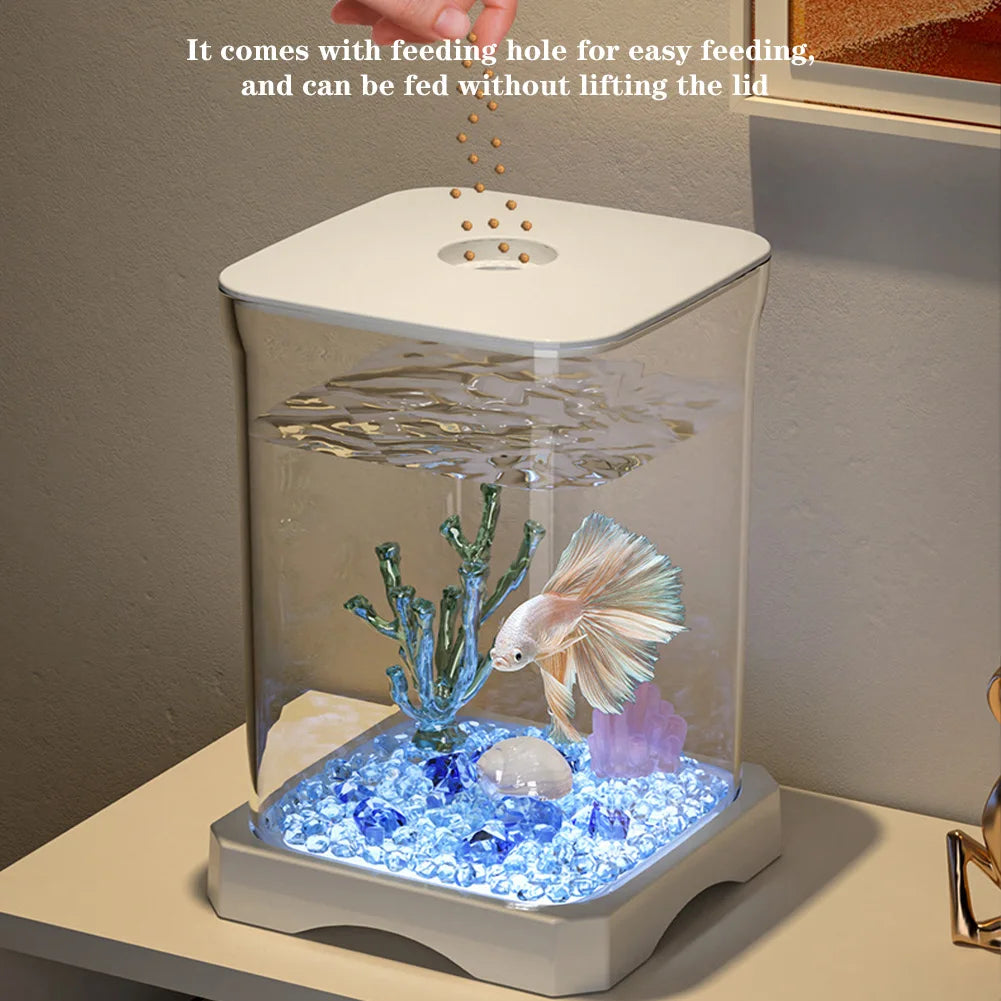Aquarium Starter Kit, Mini Desktop Rectangular Betta Fish Tank With Top Feeding Hole & Built-in Bottom Light Tabletop Decoration