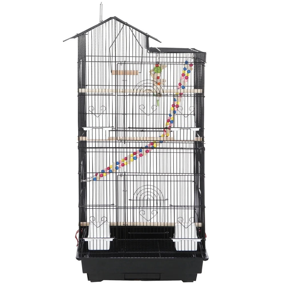 Large Metal Parrot Bird Cage with Rolling Wheels 4 Feeder Doors Toys Ladder Swing Easy Clean Removable Tray Small Birds