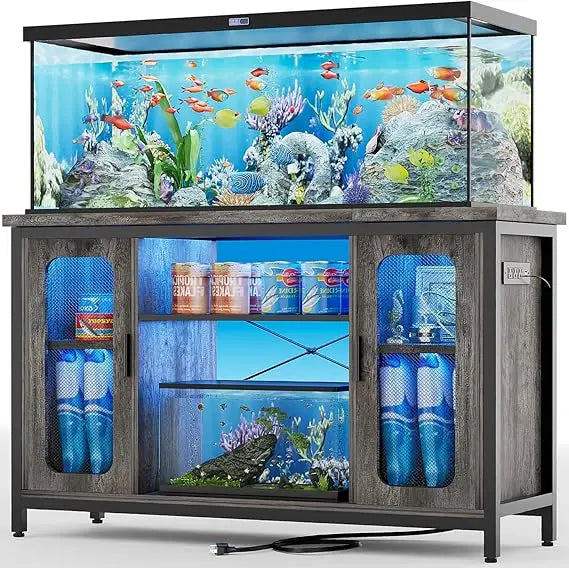 Reptile Tank Stand Fish Tank Stand with Power Outlets & LED Light, 55-75 Gallon Reversible Terrarium Stand with Cabinet, Metal