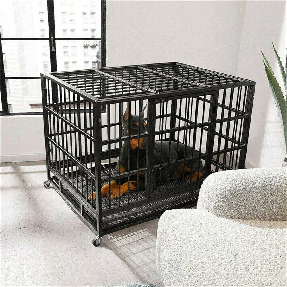 Heavy-Duty Dog Crate With Lockable Wheels And Slide-Out Tray