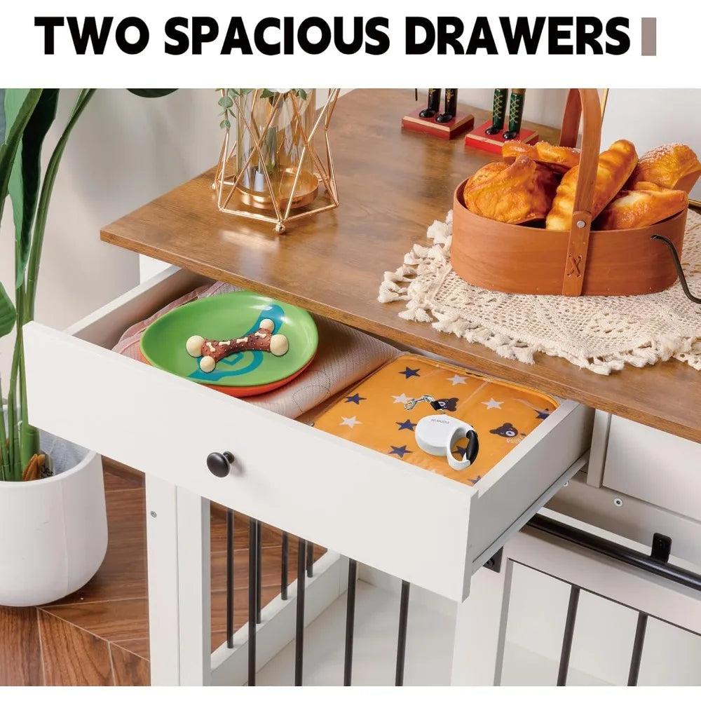 Dog Crate Furniture 72'', Wooden Dog Kennel Furniture with 3 Drawers, XXL Heavy Duty Dog Crate Indoor TV Stand with Double Doors