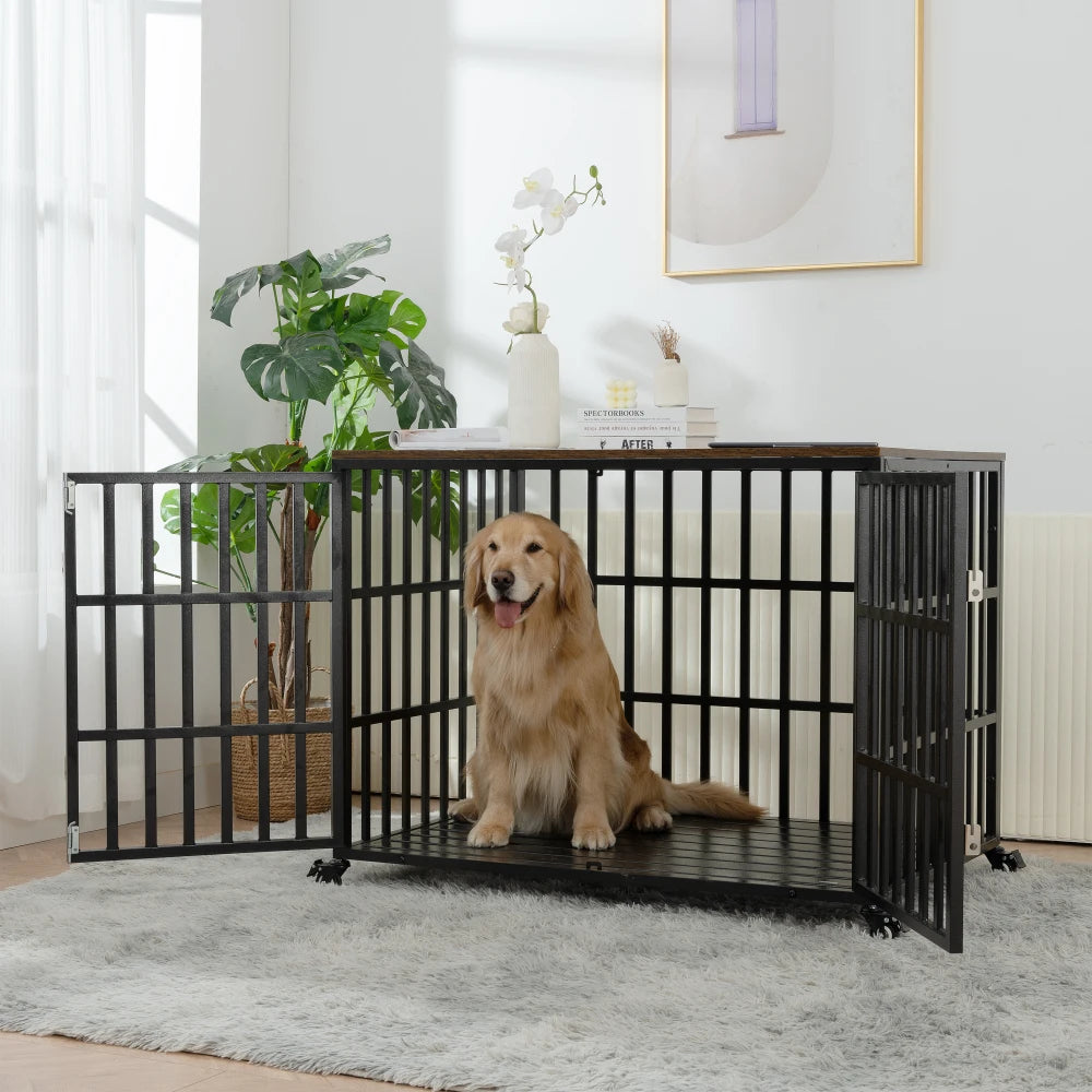 Furniture-Style Heavy Duty Dog Crate With Four Lockable Wheels