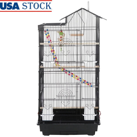 Large Metal Parrot Bird Cage with Rolling Wheels 4 Feeder Doors Toys Ladder Swing Easy Clean Removable Tray Small Birds