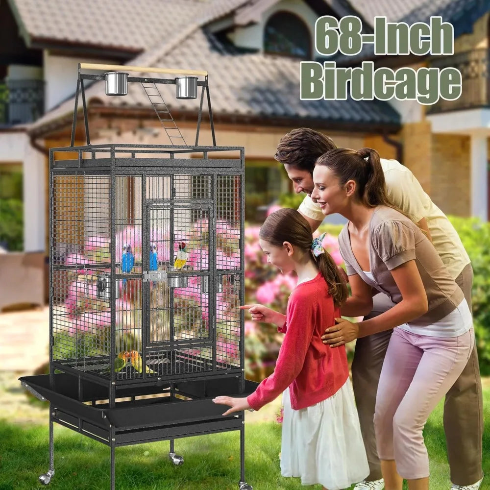 Playtop Parrot Cage With Wrought Iron Construction And Rolling Wheels for Mobility
