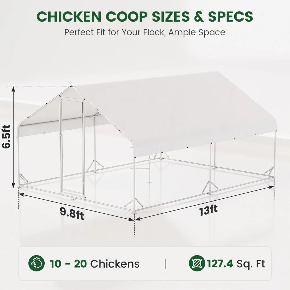 Large Walk-in Metal Chicken Coop with Chicken Run & Hardware Cloth, Solar Light, Waterproof & UV-Resistant Cover, Outdoor Poultr