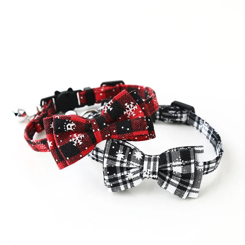 Christmas Bowknot Plaid Pet Collar With Festive Bell Breakaway Buckle