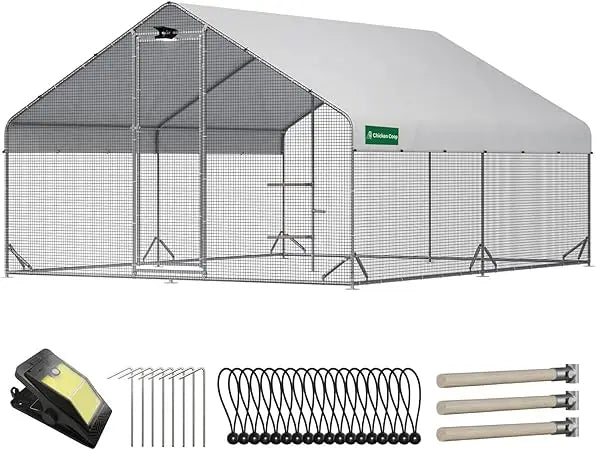 Large Walk-in Metal Chicken Coop with Chicken Run & Hardware Cloth, Solar Light, Waterproof & UV-Resistant Cover, Outdoor Poultr