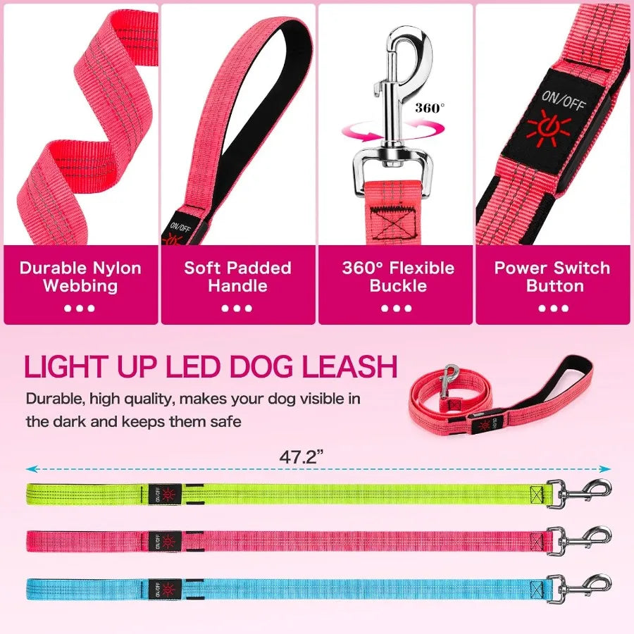 LED Dog Leash Light-Up Glow-In-The-Dark Rechargeable Waterproof