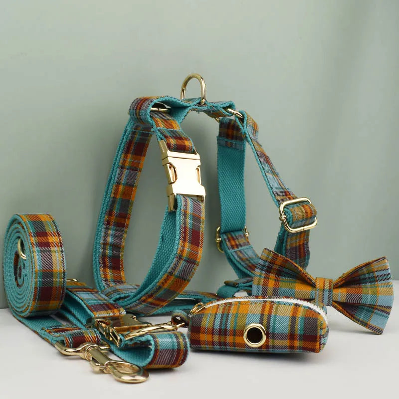 YTYINCN Designer Plaid Dog Collar Set With Leash, Harness and Stylish Bow Tie