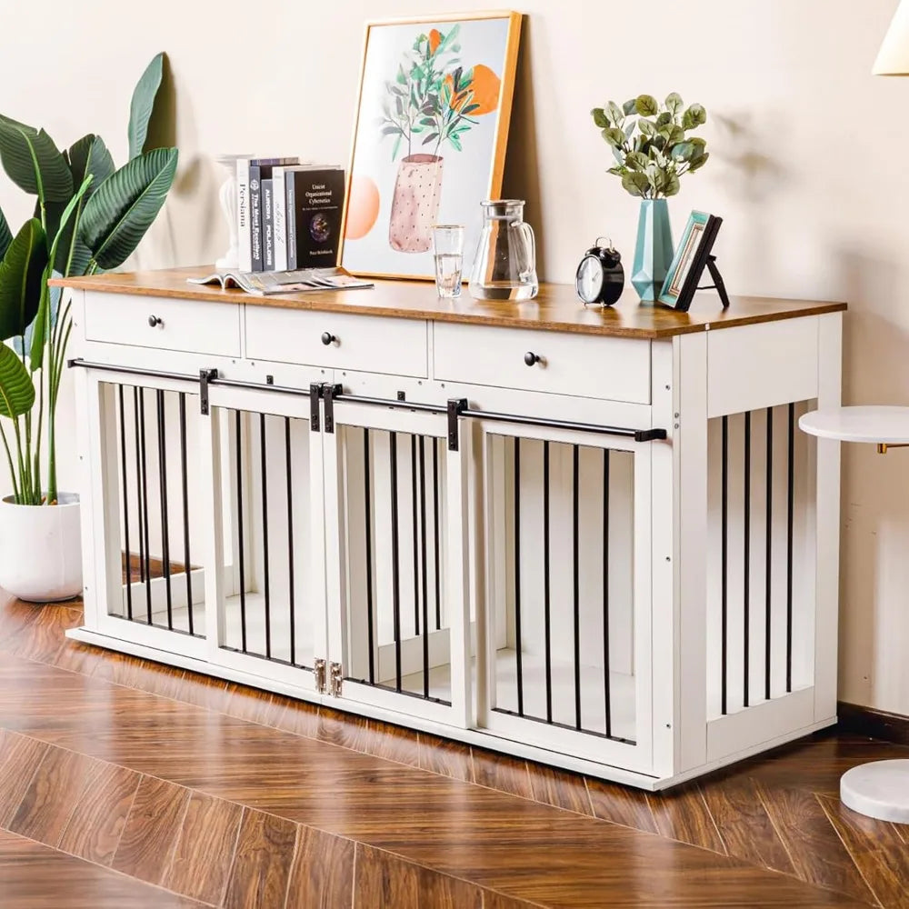 Dog Crate Furniture 72'', Wooden Dog Kennel Furniture with 3 Drawers, XXL Heavy Duty Dog Crate Indoor TV Stand with Double Doors
