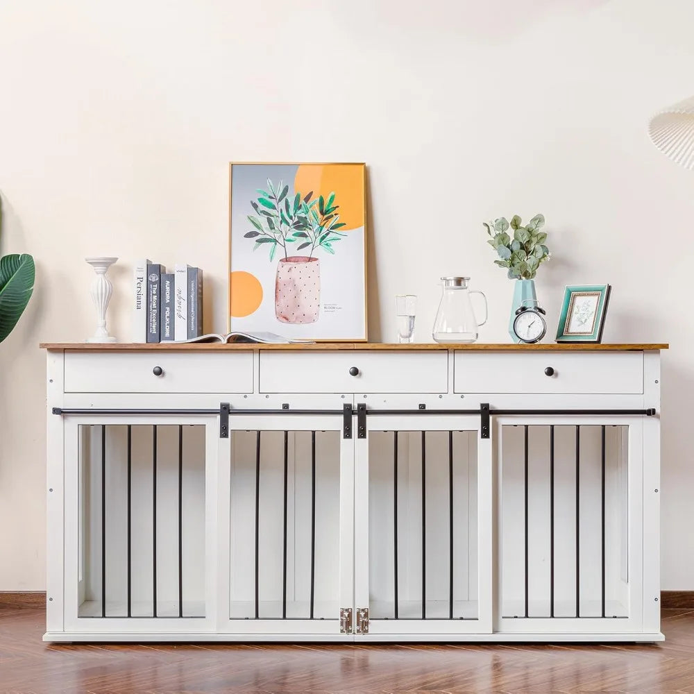 Dog Crate Furniture 72'', Wooden Dog Kennel Furniture with 3 Drawers, XXL Heavy Duty Dog Crate Indoor TV Stand with Double Doors