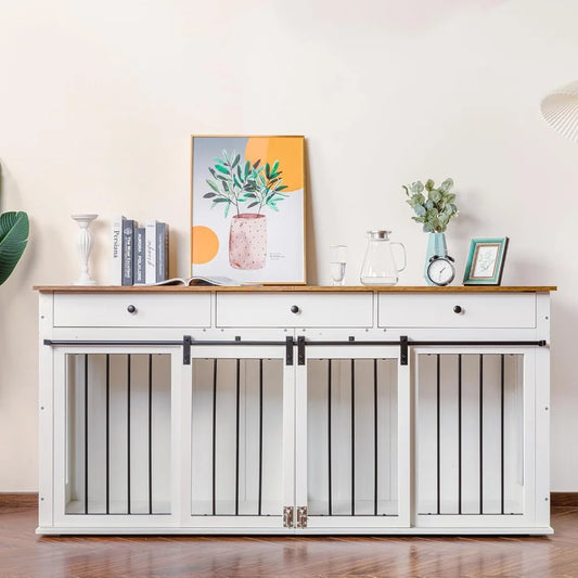 Dog Crate Furniture 72'', Wooden Dog Kennel Furniture with 3 Drawers, XXL Heavy Duty Dog Crate Indoor TV Stand with Double Doors