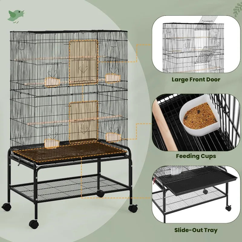 NEW 53'' Large Bird Cage Budgie Cage for Parakeets Cockatiels Conures Lovebirds Parrots with Rolling Stand