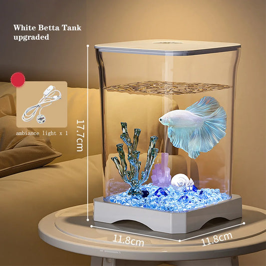 Aquarium Starter Kit, Mini Desktop Rectangular Betta Fish Tank With Top Feeding Hole & Built-in Bottom Light Tabletop Decoration