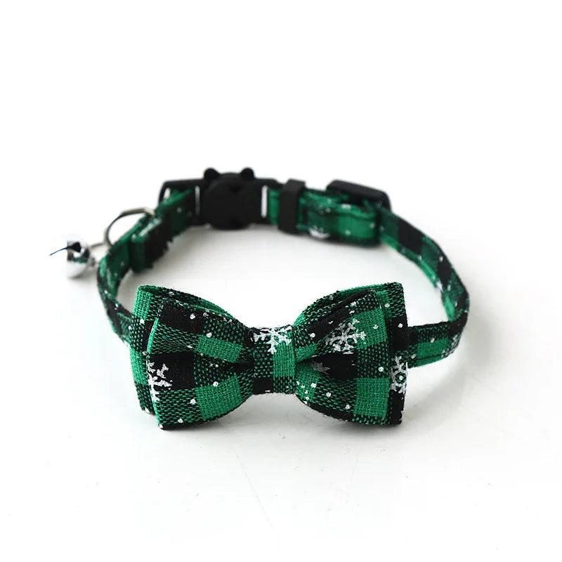 Christmas Bowknot Plaid Pet Collar With Festive Bell Breakaway Buckle