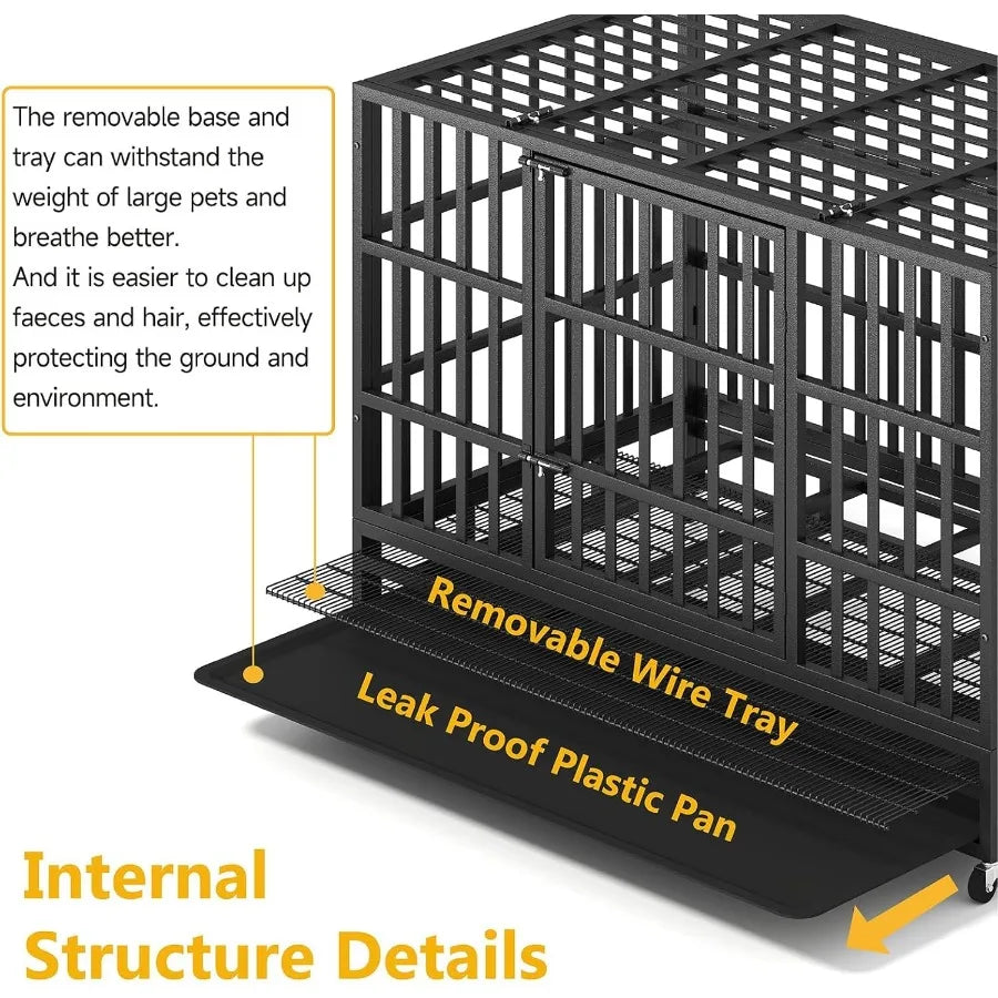 Heavy Duty Indestructible Dog Crate Steel Indoor Double Door Escape Proof Wheels