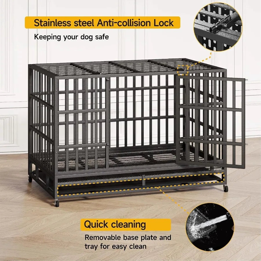 Heavy Duty Indestructible Dog Crate Steel Indoor Double Door Escape Proof Wheels