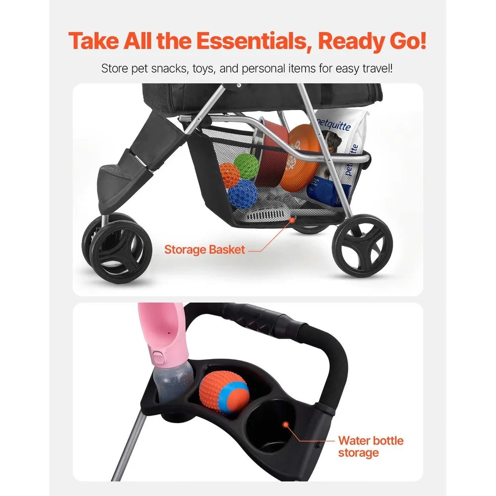 Collapsible Pet Stroller Dogs and Cats up to 35lbs Tri-Wheel Design with Ventilated Mesh Windows and Cup Holder