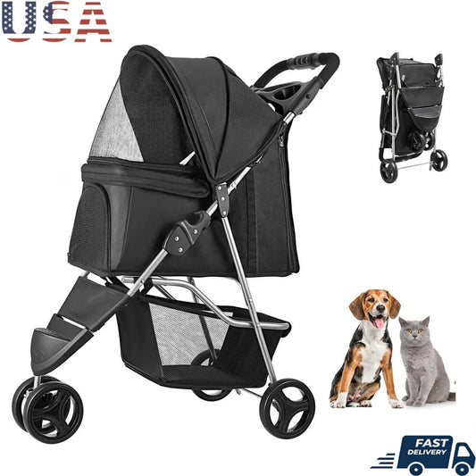 Collapsible Pet Stroller Dogs and Cats up to 35lbs Tri-Wheel Design with Ventilated Mesh Windows and Cup Holder