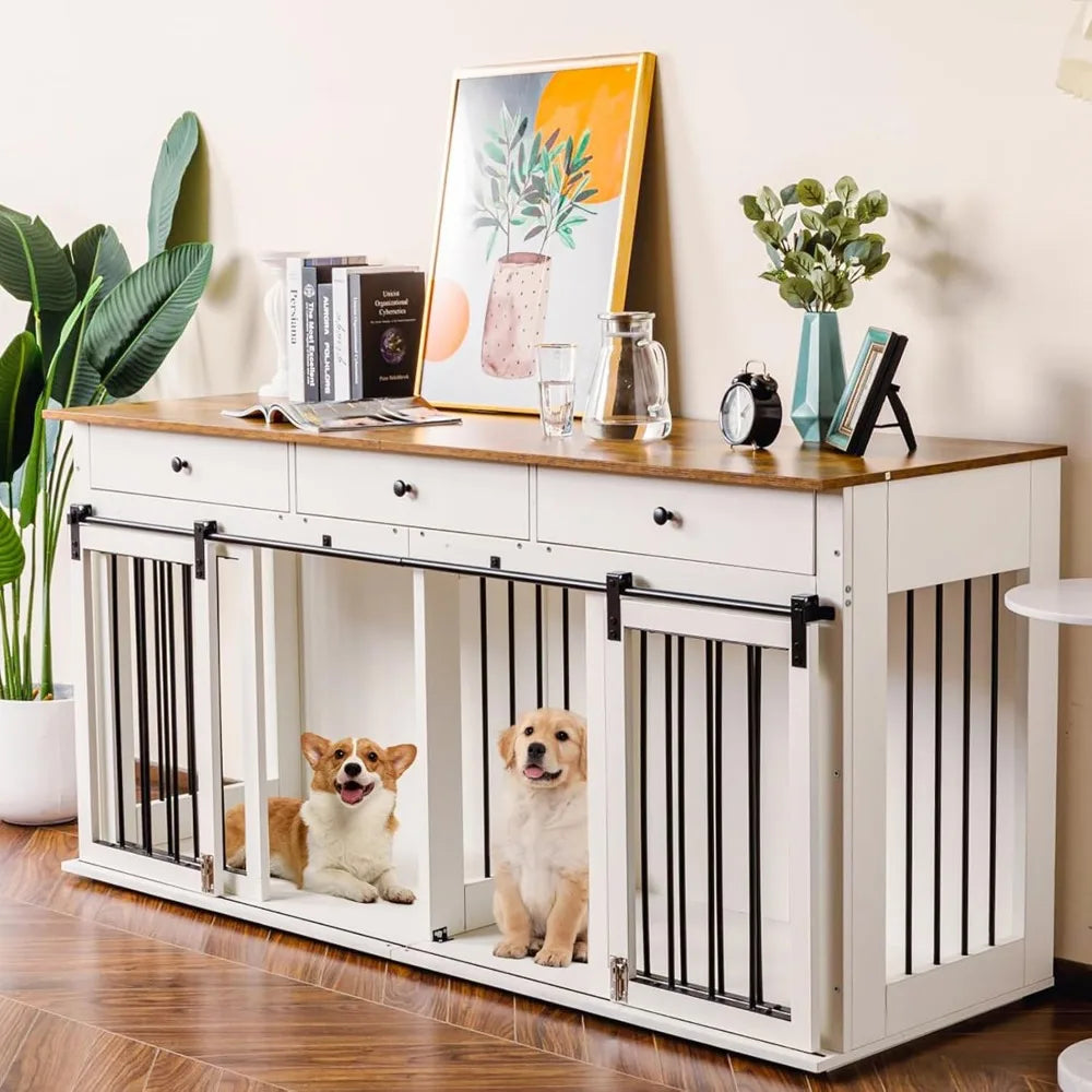 Dog Crate Furniture 72'', Wooden Dog Kennel Furniture with 3 Drawers, XXL Heavy Duty Dog Crate Indoor TV Stand with Double Doors