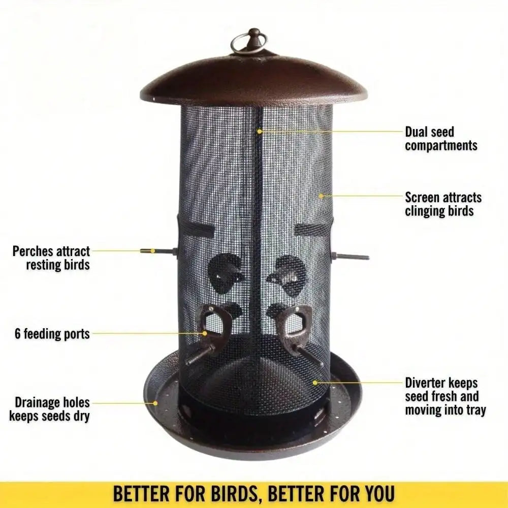 Giant combination screen bird feeder, 10 lb capacity, built-in drain, screw cap design, easy to fill, suitable for bird lovers