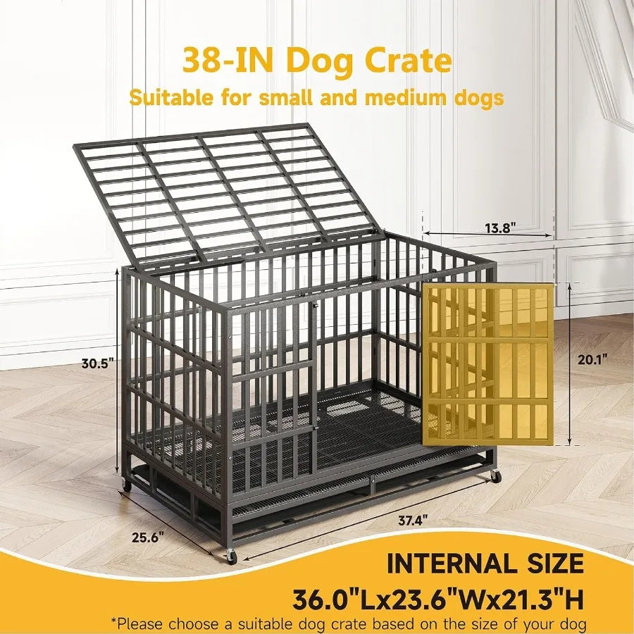 Heavy Duty Indestructible Dog Crate Steel Indoor Double Door Escape Proof Wheels