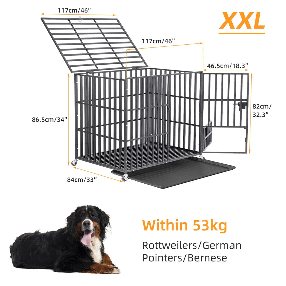 Heavy-Duty Dog Crate With Lockable Wheels And Slide-Out Tray