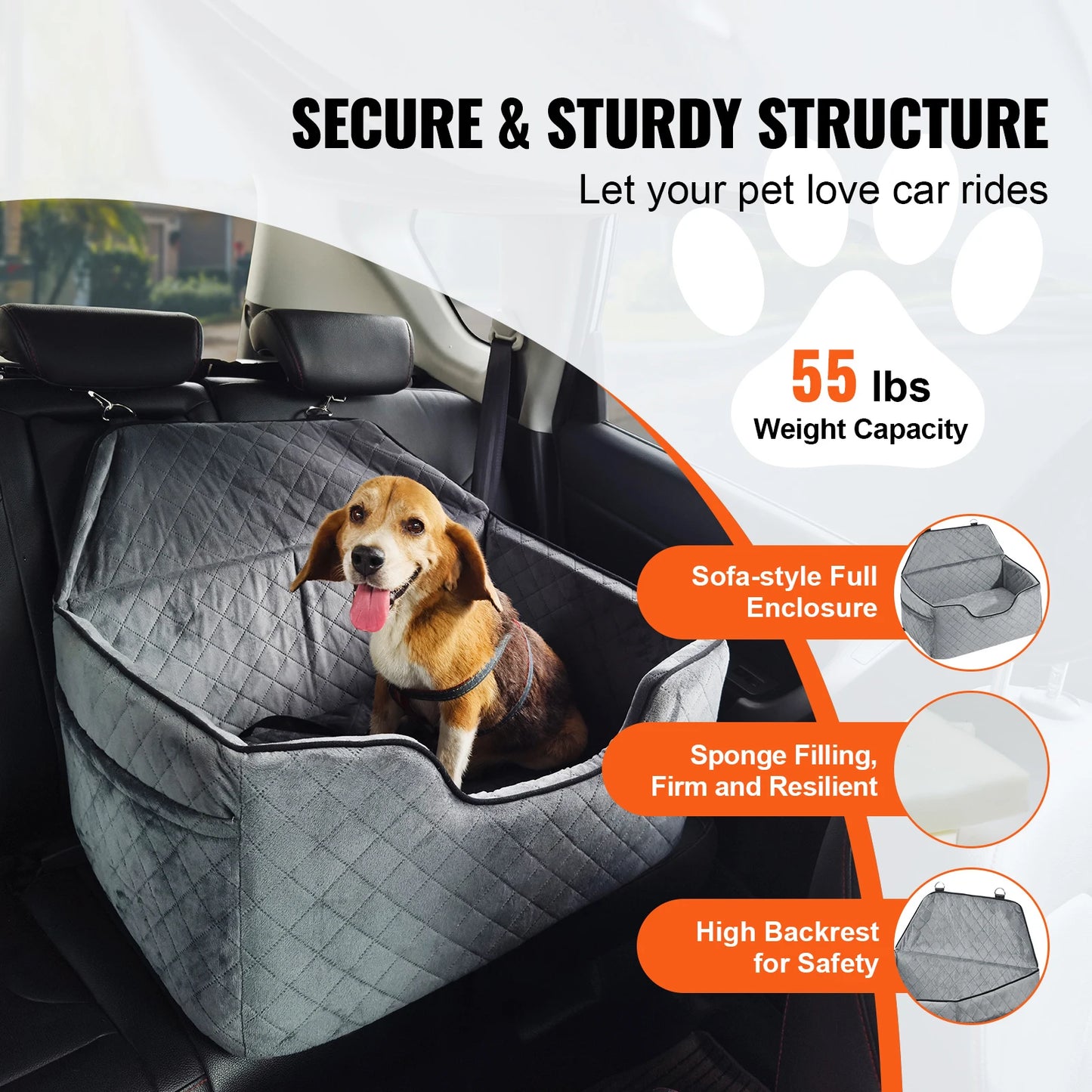 SucceBuy Cushioned Dog Car Booster Seat With Storage Pocket