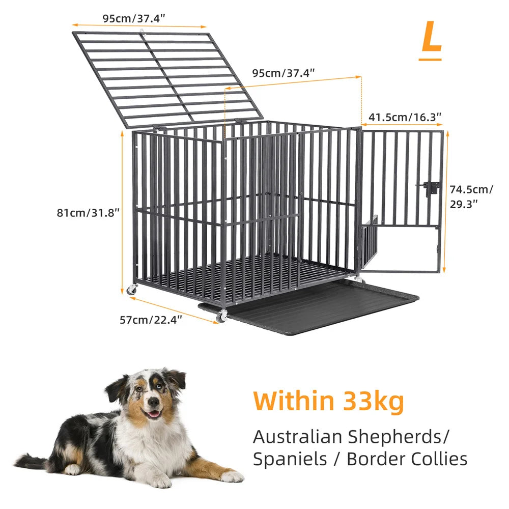 Heavy-Duty Dog Crate With Lockable Wheels And Slide-Out Tray