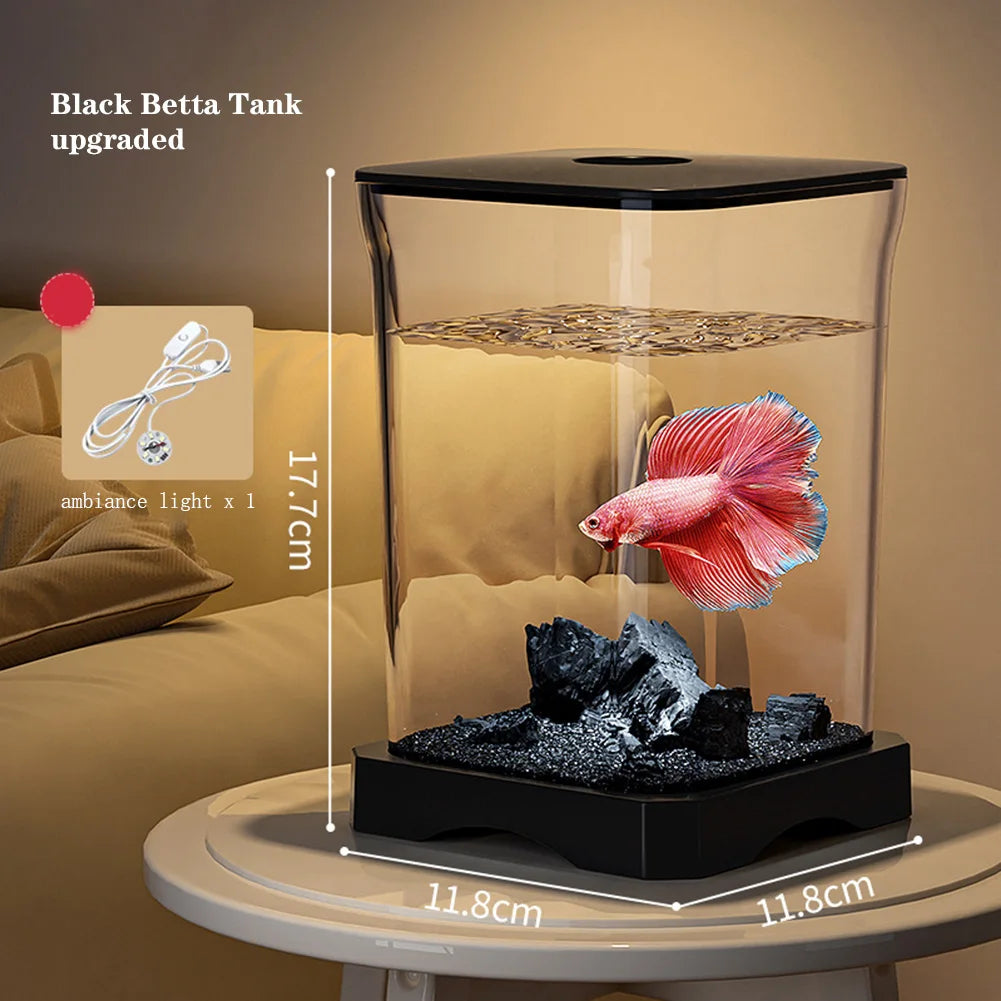 Aquarium Starter Kit, Mini Desktop Rectangular Betta Fish Tank With Top Feeding Hole & Built-in Bottom Light Tabletop Decoration