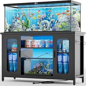Reptile Tank Stand Fish Tank Stand with Power Outlets & LED Light, 55-75 Gallon Reversible Terrarium Stand with Cabinet, Metal