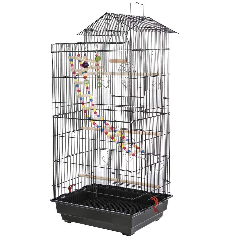 Large Metal Parrot Bird Cage with Rolling Wheels 4 Feeder Doors Toys Ladder Swing Easy Clean Removable Tray Small Birds