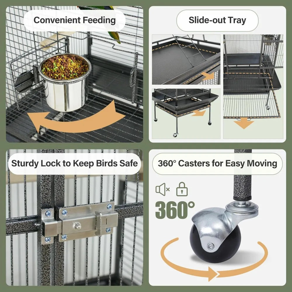 Playtop Parrot Cage With Wrought Iron Construction And Rolling Wheels for Mobility