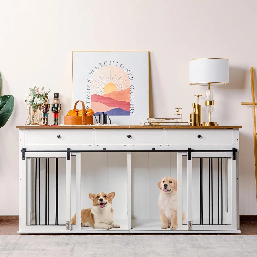 Dog Crate Furniture 72'', Wooden Dog Kennel Furniture with 3 Drawers, XXL Heavy Duty Dog Crate Indoor TV Stand with Double Doors