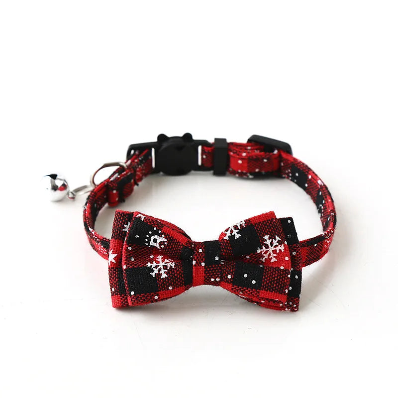 Christmas Bowknot Plaid Pet Collar With Festive Bell Breakaway Buckle