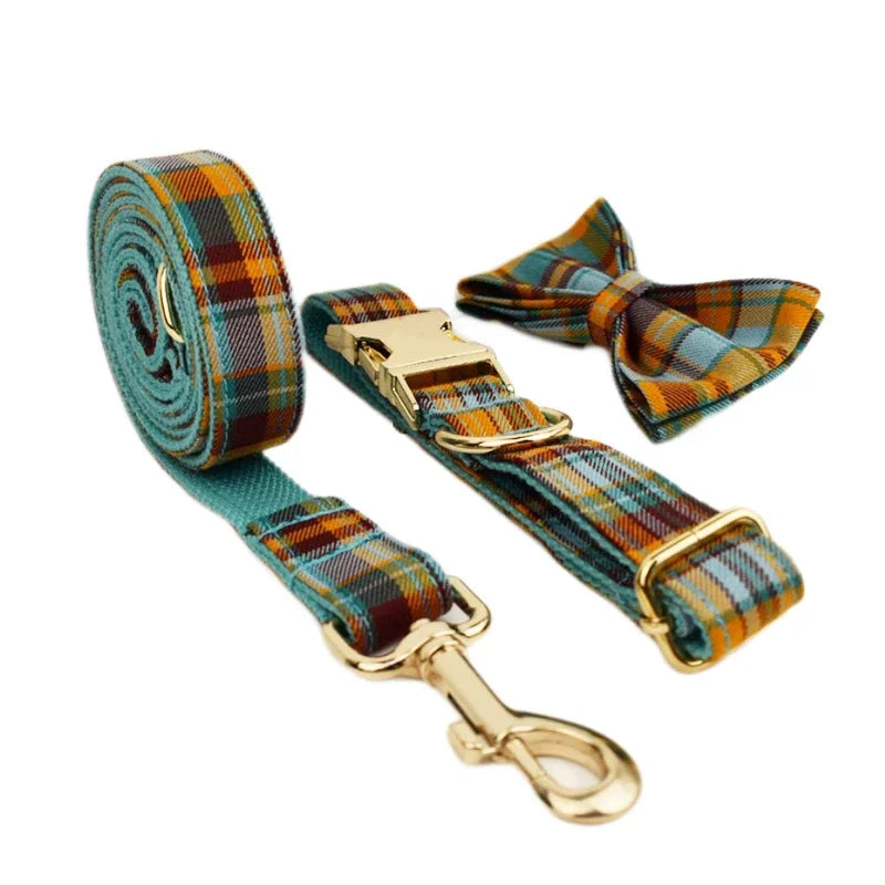 YTYINCN Designer Plaid Dog Collar Set With Leash, Harness and Stylish Bow Tie