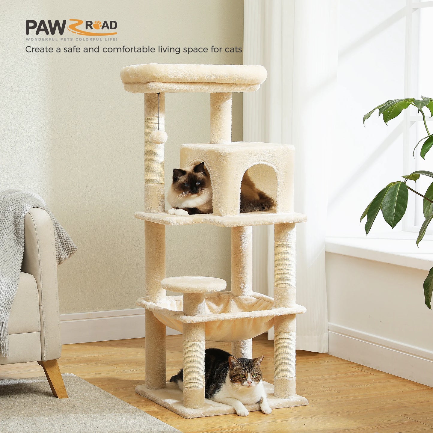 PETEPELACN Cat Tree For Indoor Cats 5-Level Cat Tower With Metal Frame Hammock Condo And Top Perch