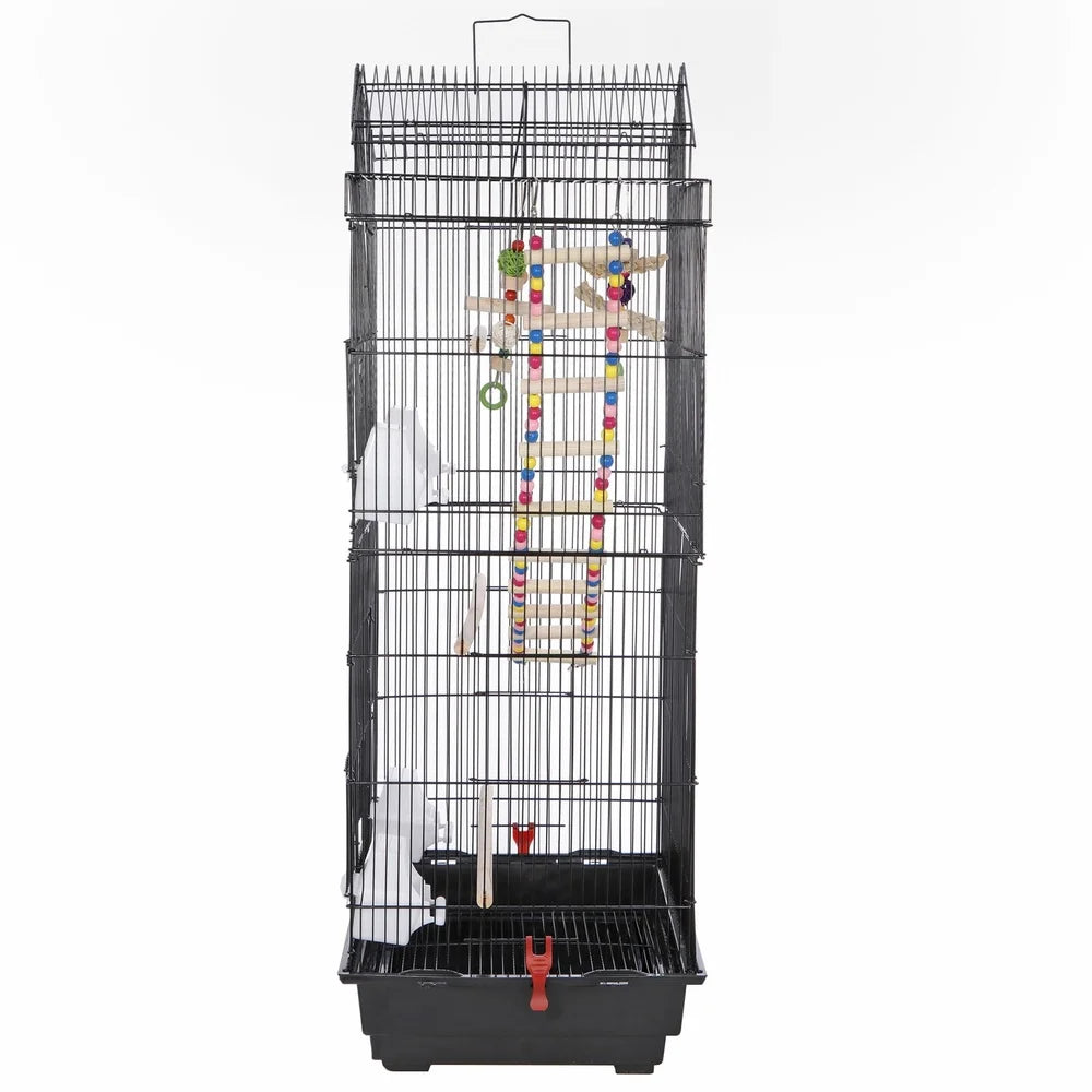 Large Metal Parrot Bird Cage with Rolling Wheels 4 Feeder Doors Toys Ladder Swing Easy Clean Removable Tray Small Birds