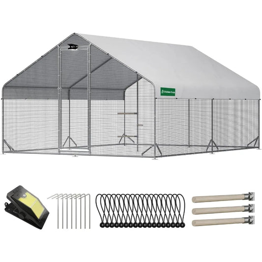 Large Walk-in Metal Chicken Coop with Chicken Run & Hardware Cloth, Solar Light, Waterproof & UV-Resistant Cover, Outdoor Poultr