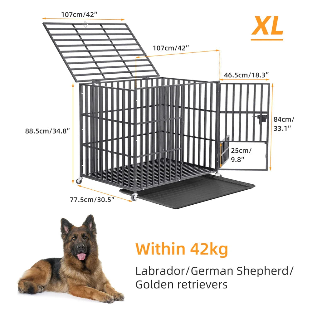 Heavy-Duty Dog Crate With Lockable Wheels And Slide-Out Tray