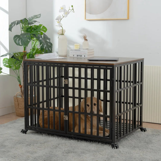 Furniture-Style Heavy Duty Dog Crate With Four Lockable Wheels