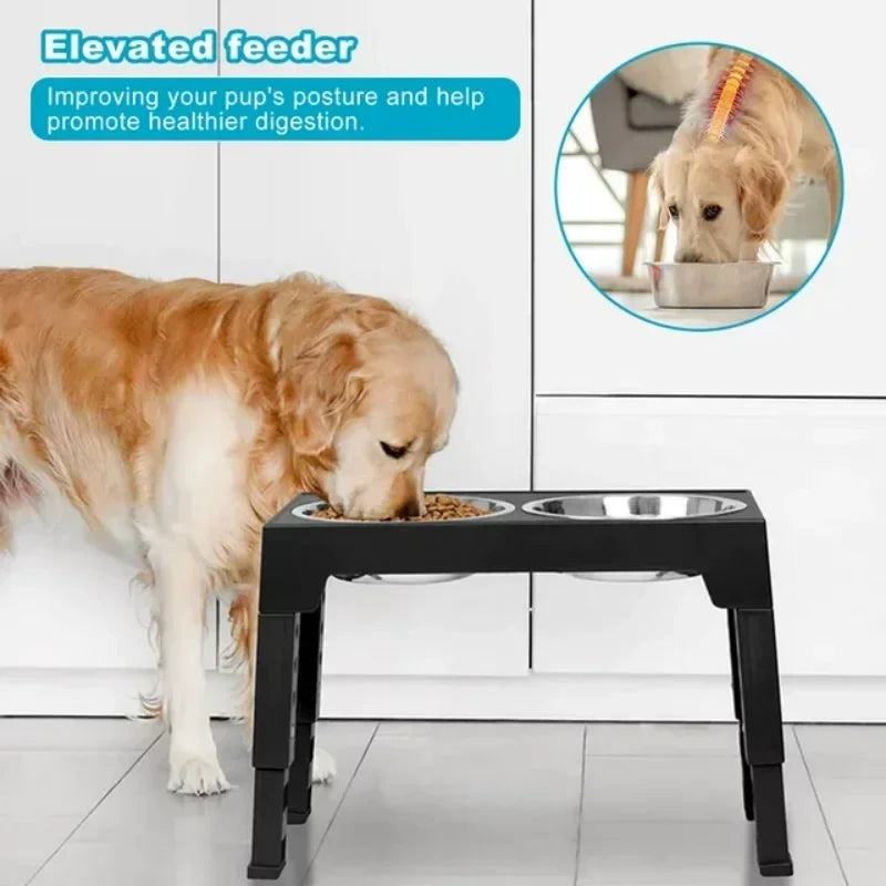 5 Height-Adjustable Raised Dog Bowl Racks with 2 Stainless Steel Food Bowls, Dog Bowl for Large Dogs and Cats (Black)