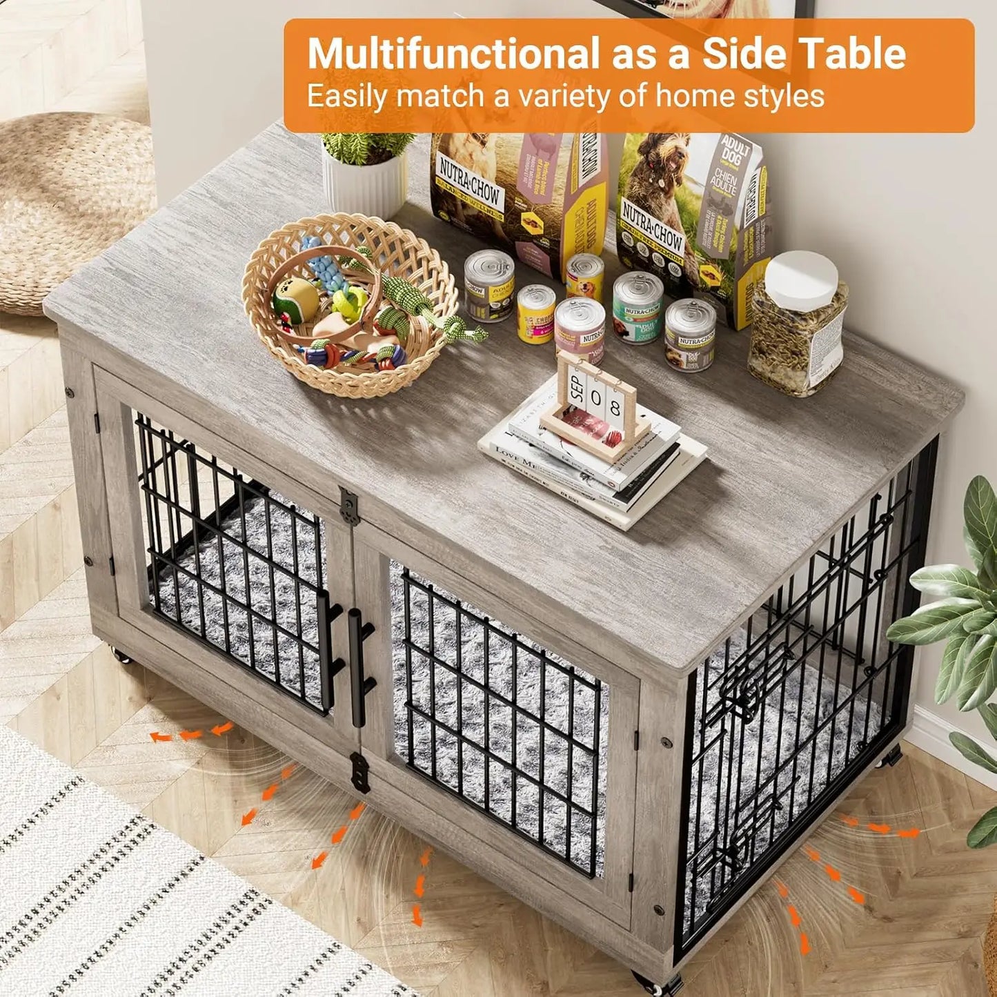 Dog Kennel Indoor Double Doors Wooden Dog Cage, 38'' Heavy Duty Dog Crate End Table Pet House Chew-Resistant Up to 70 lb, Grey