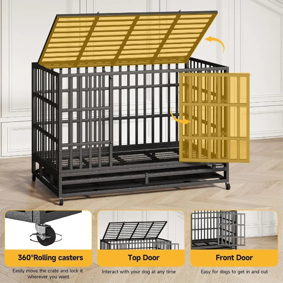 Heavy Duty Indestructible Dog Crate Steel Indoor Double Door Escape Proof Wheels