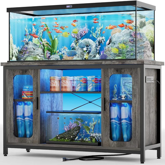 Reptile Tank Stand Fish Tank Stand with Power Outlets & LED Light, 55-75 Gallon Reversible Terrarium Stand with Cabinet, Metal