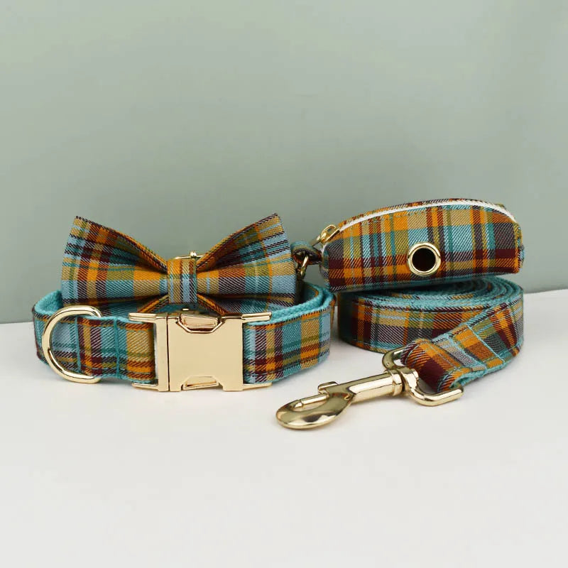 YTYINCN Designer Plaid Dog Collar Set With Leash, Harness and Stylish Bow Tie